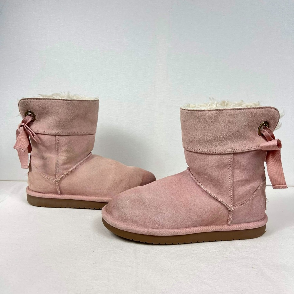 GUC Koolaburra by UGG Victoria Mini Pink Bow Winter Boots Fur Lined Girls Size 2 - Picture 6 of 14